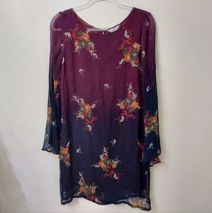 Sundance Boho Dress Burgundy Black Floral Print Small 3/4 Bell Sheer Sleeves